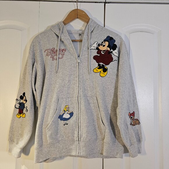 Disney Women's Hoodie Sz L Gray Character Embroidery 100 Anniversary Mickey - Picture 1 of 11